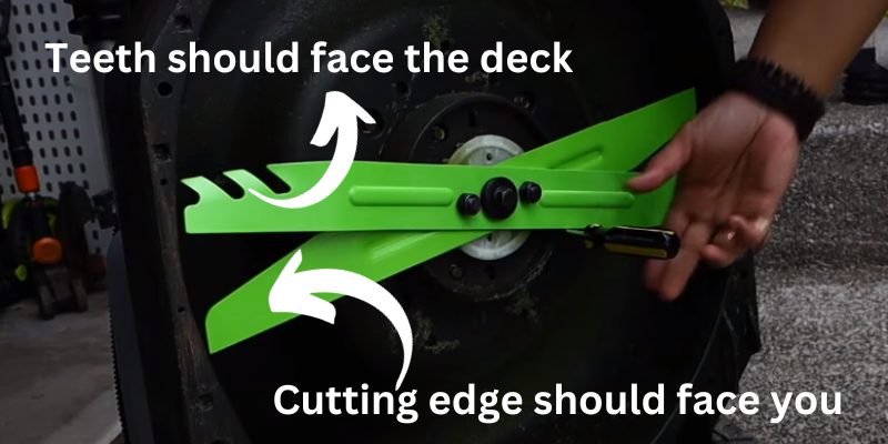 infographic picture explaining which way mulching blades go on
