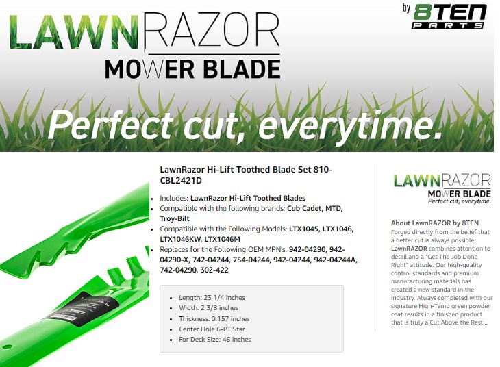 infographic image explaining everything about 8TEN lawnRazor mower blade for leaves