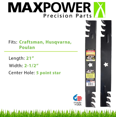infographic image: main features of Maxpower 561713XB Commercial Mulching 2-Blade Set for zero turn mower
